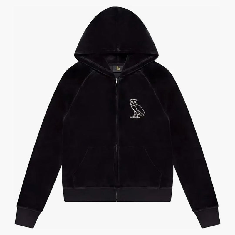 Ovo Dámská velur Crystal Owl Zip Up Hoodie Black