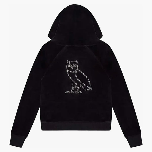 Ovo Women's Velor Crystal Owl Zip Up Hoodie Black