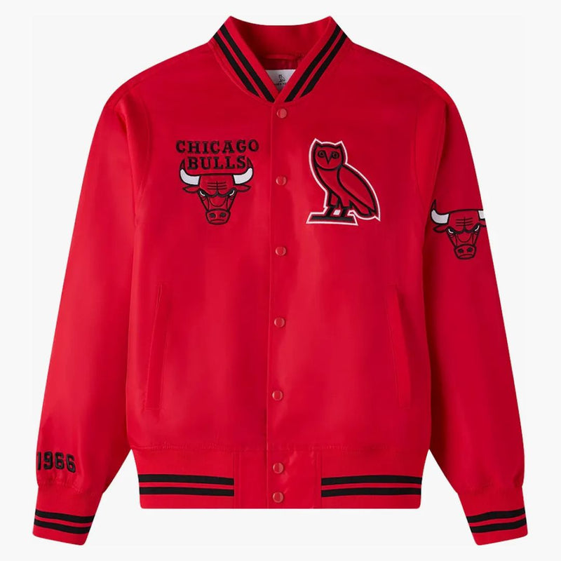 Ovo X NBA Chicago Bulls Satin Varsity Jacket Red