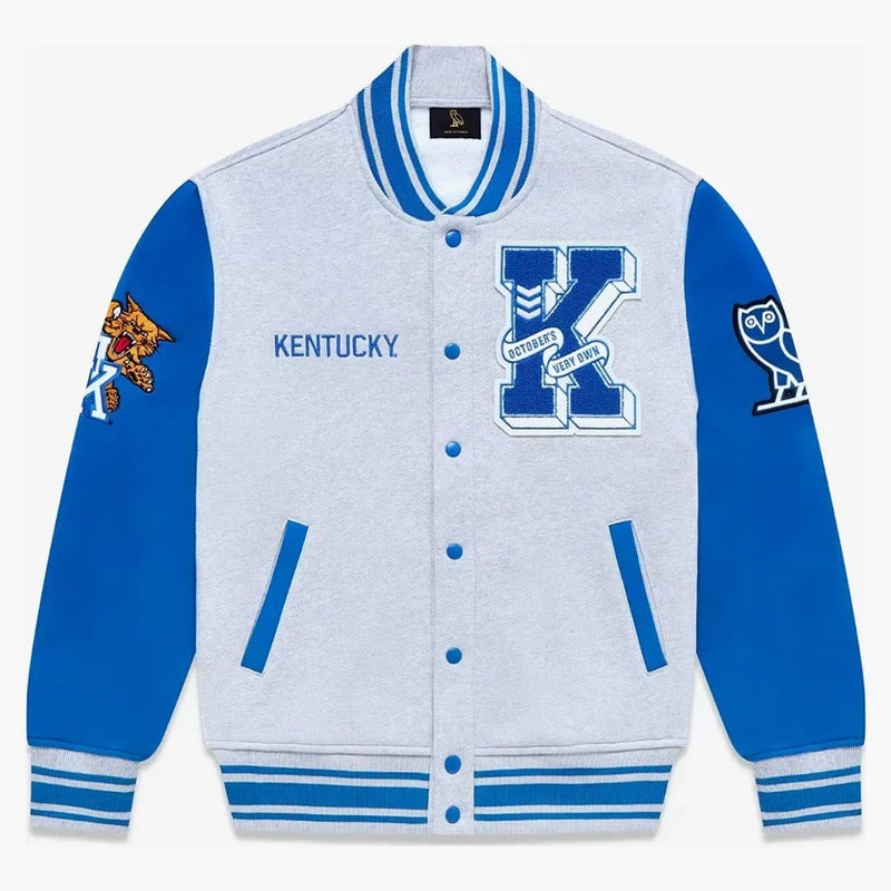 Ovo X NCAA Kentucky Wildcats Fleece Varsity Jacket Heather Gray