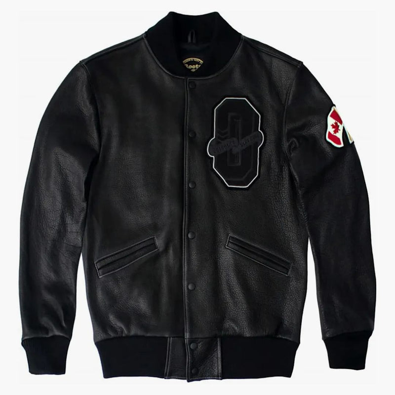 Ovo x rötter oktober bison läder varsity jacka svart