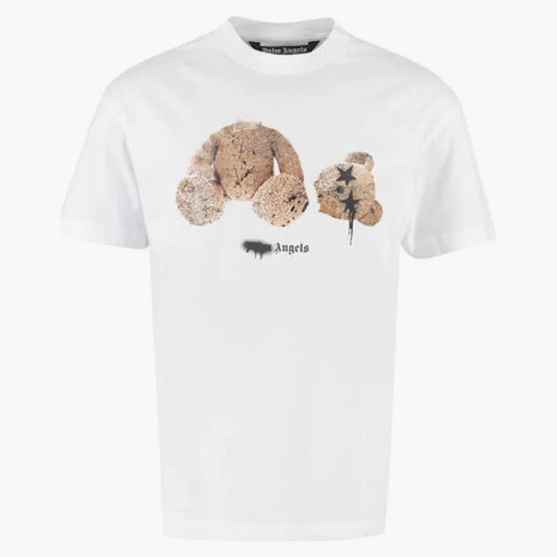 Palm Angels Bear Print Sprayed Logo tričko bílé/hnědé