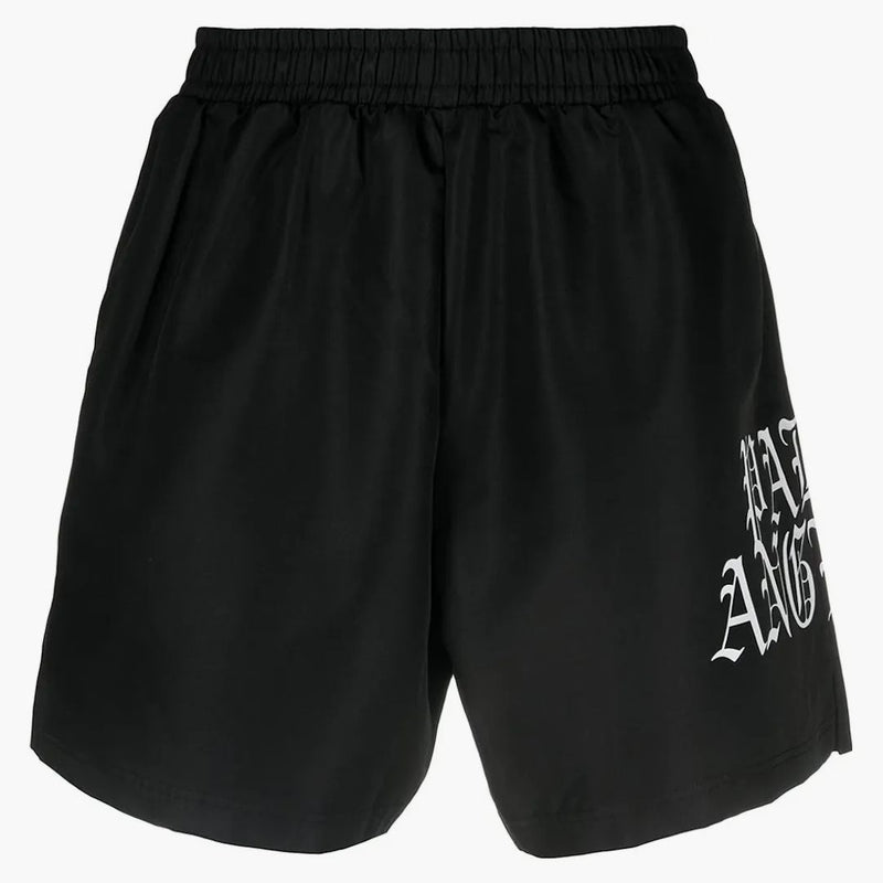 Palm Angels Gothic Logo Print plavecké šortky černé bílé