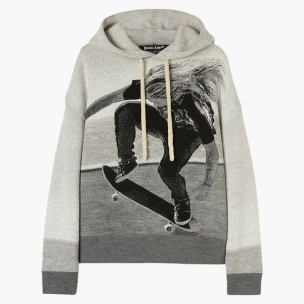 Palm Angels Jacquard Skater s kapucí svetr melange šedá/černá