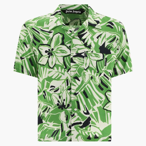 Palm Angels Macro Hibiscus Floral Print Short Ruheved Shirt Green/White
