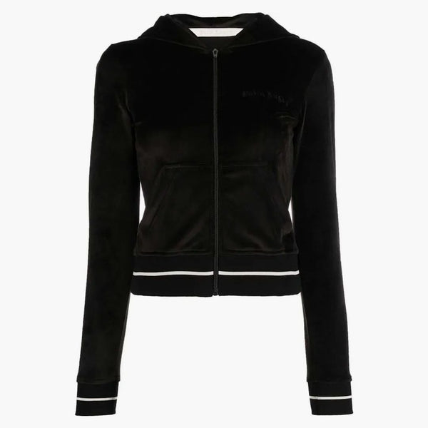 Palm Angels Stripe Trim Chenille Zip Hoodie Black