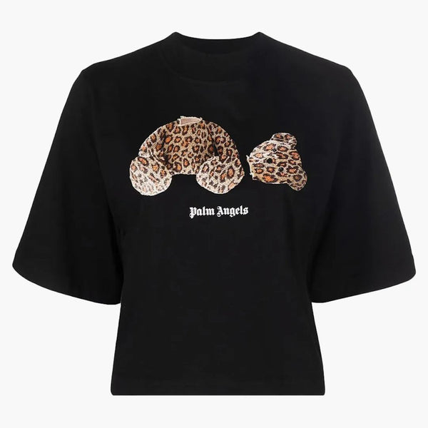 Palm Angels Dámské leopard Bear oříznuté tričko černé/hnědé