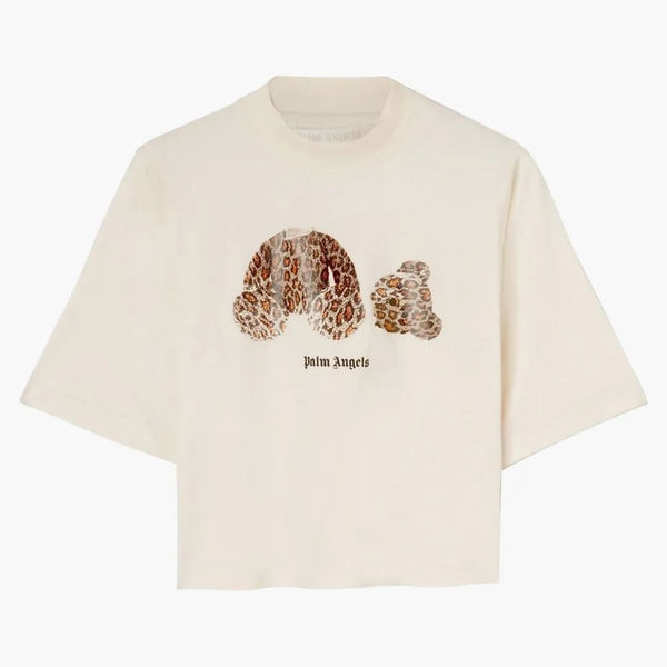 Palm Angels Dámské leopard Bear oříznuté tričko z bílé/hnědé