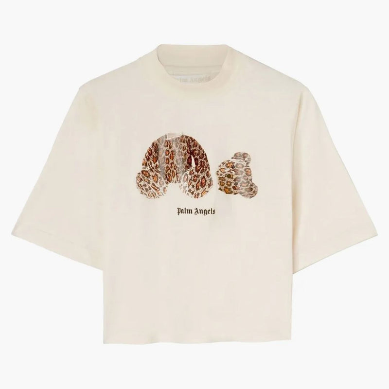 Palm Angels Dámské leopard Bear oříznuté tričko z bílé/hnědé