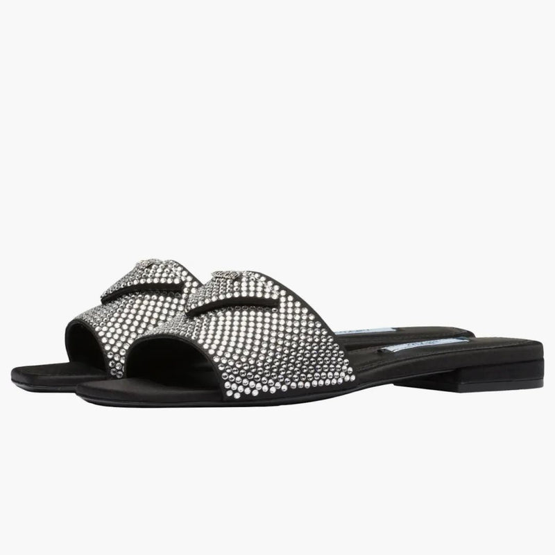 Prada 10mm Crystal Slides Black Satin