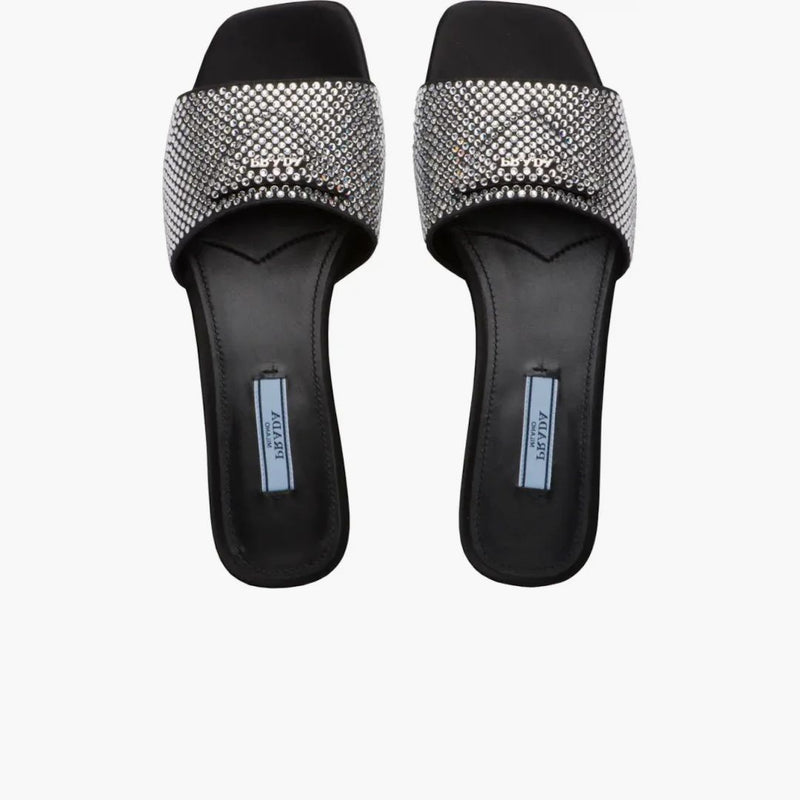 Prada 10mm Crystal Slides Black Satin