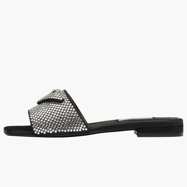 Prada 10mm Crystal Slides Black Satin