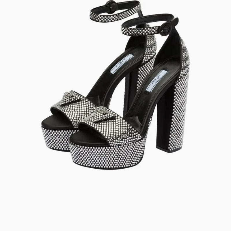 Prada 135mm Crystal Platform Sandals Black Satin