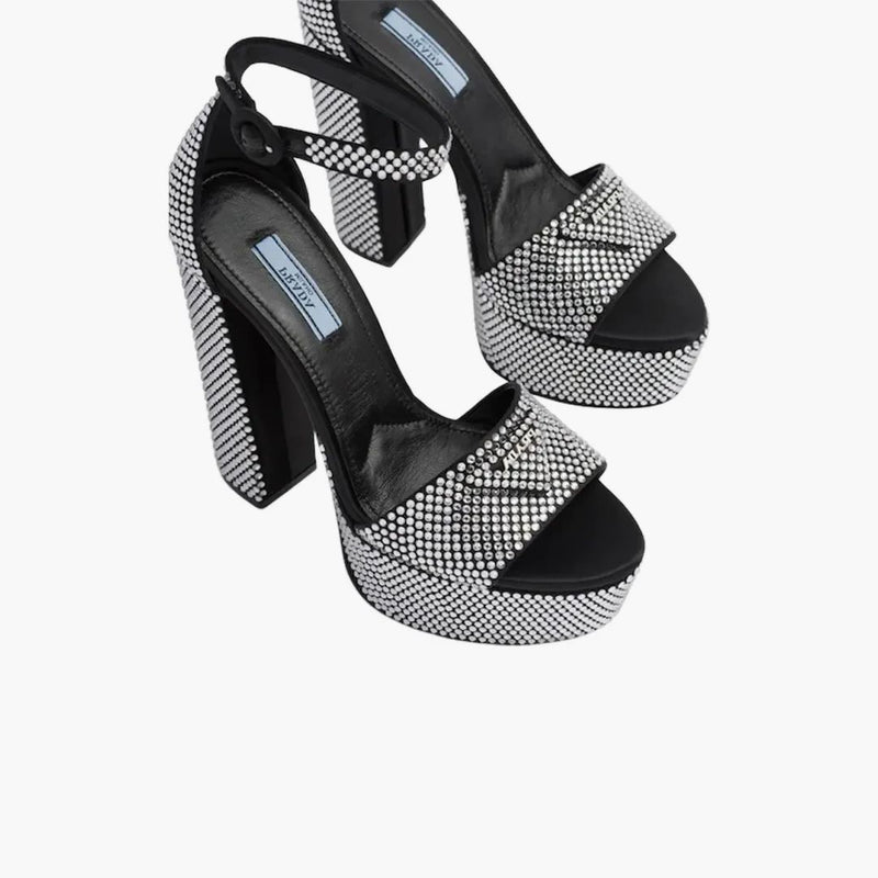 Prada 135mm Crystal Platform Sandals Black Satin