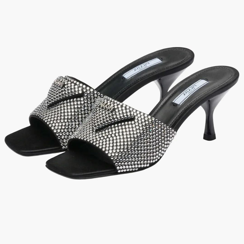Prada 65mm Crystal Heeled Sandals Black Satin