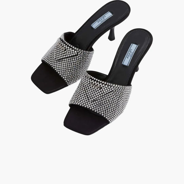 Prada 65mm Crystal Heeled Sandals Black Satin