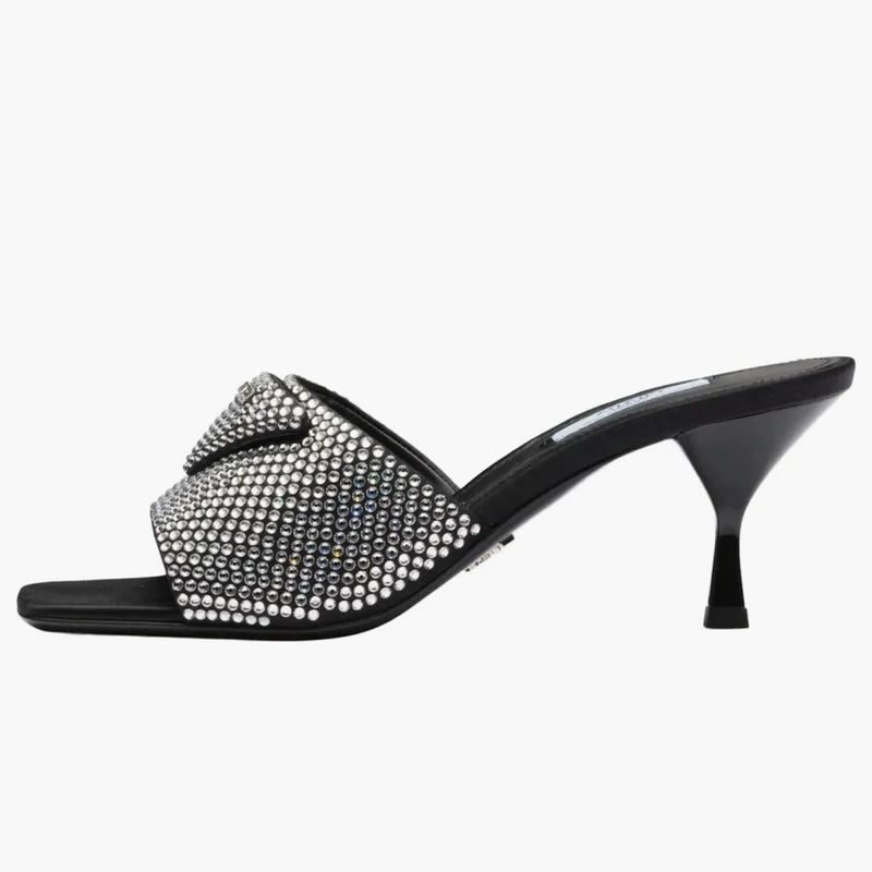 Prada 65mm Crystal Heeled Sandals Black Satin