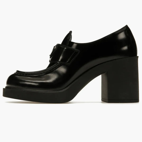 Prada Chocolate High-heeled 85mm Loafers Black Brushed Leather