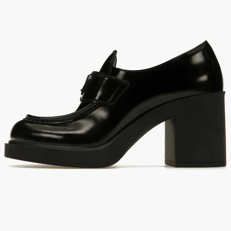 Prada Chocolate High-heeled 85mm Loafers Black Brushed Leather