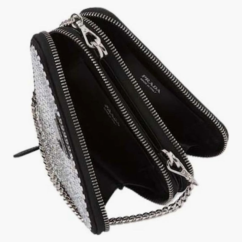 Prada Embellished Satin And Leather Mini Pouch Crystal