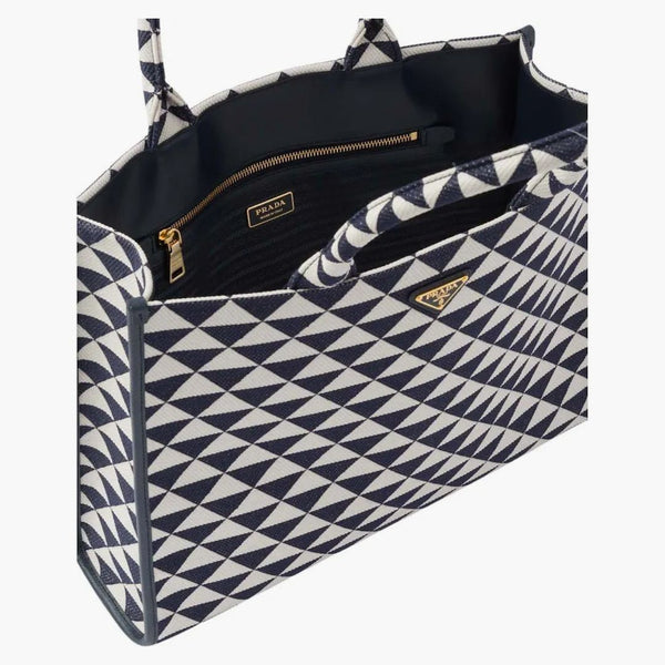 Prada Large Symbole Embroidered Fabric Handbag Baltic Blue/chalk White