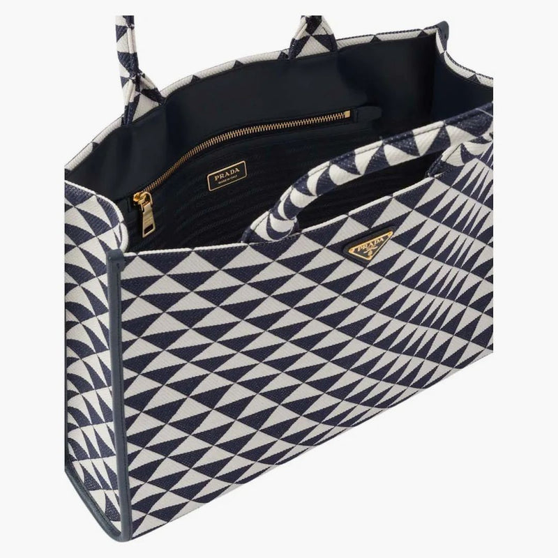Prada Large Symbole Embroidered Fabric Handbag Baltic Blue/chalk White
