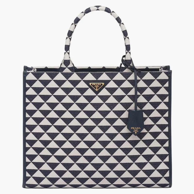 Prada Large Symbole Embroidered Fabric Handbag Baltic Blue/chalk White