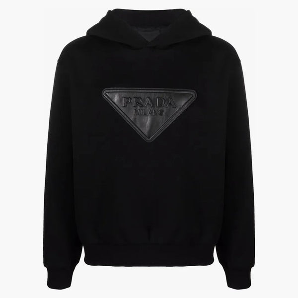 Prada Logo Leather Patch Hoodie Black