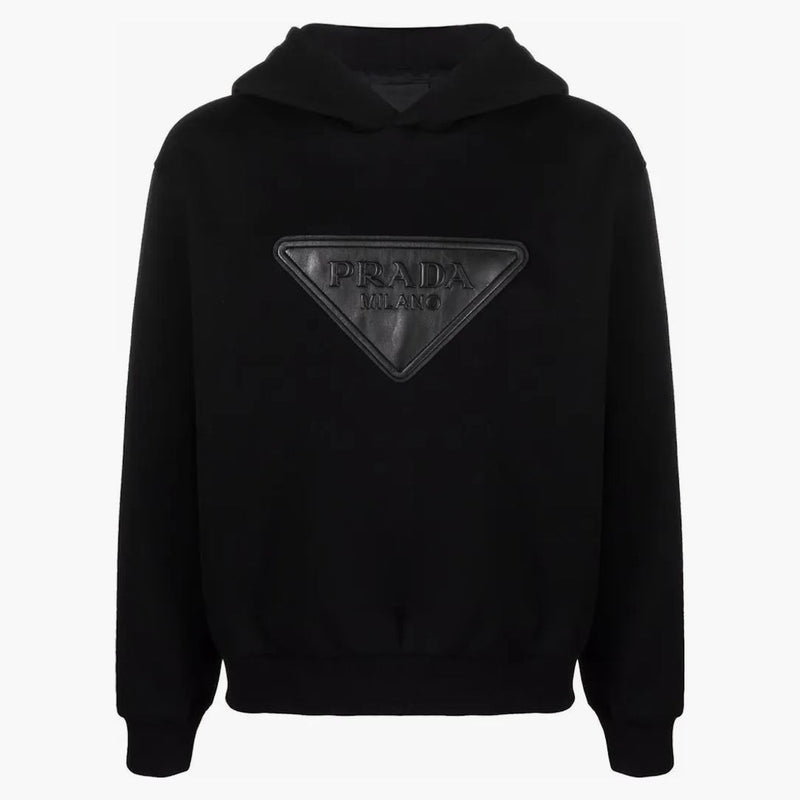 Prada Logo Leather Patch Hoodie Black