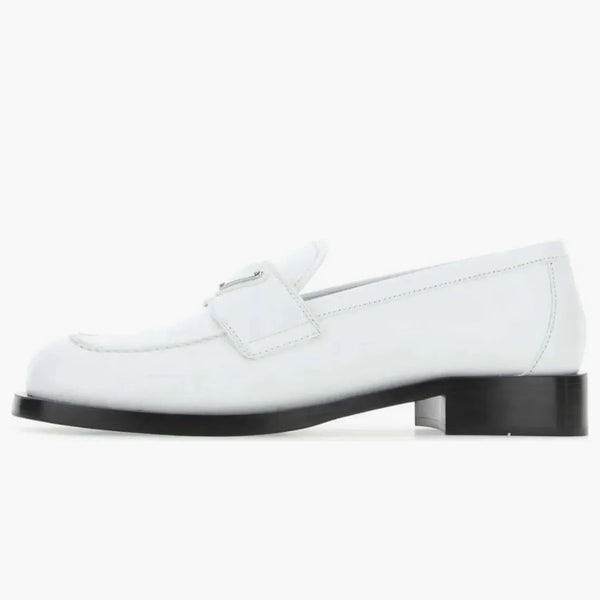 Prada Logo Plaque Brushed Loafers White Leather