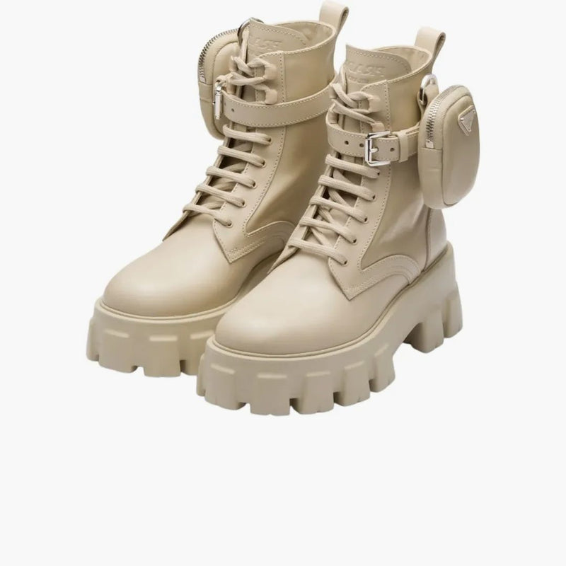 Prada Monolith 55mm Pouch Ankle Boots Desert Beige Leather