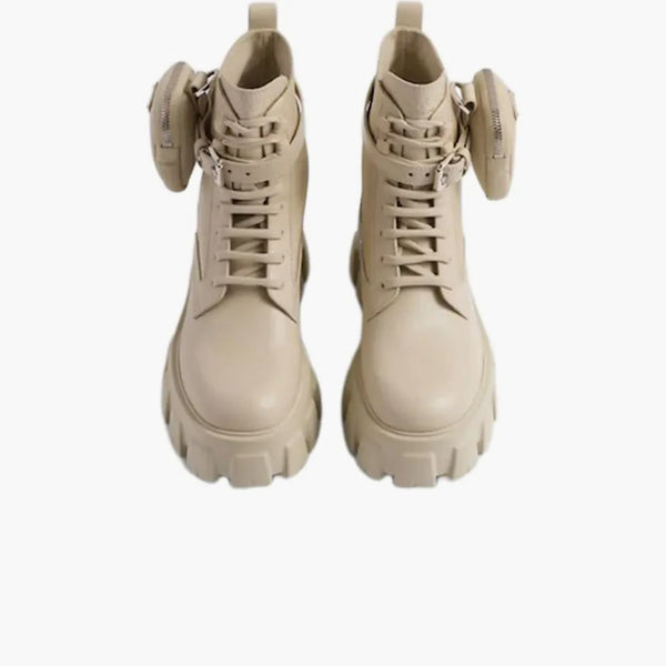 Prada Monolith 55mm Pouch Ankle Boots Desert Beige Leather