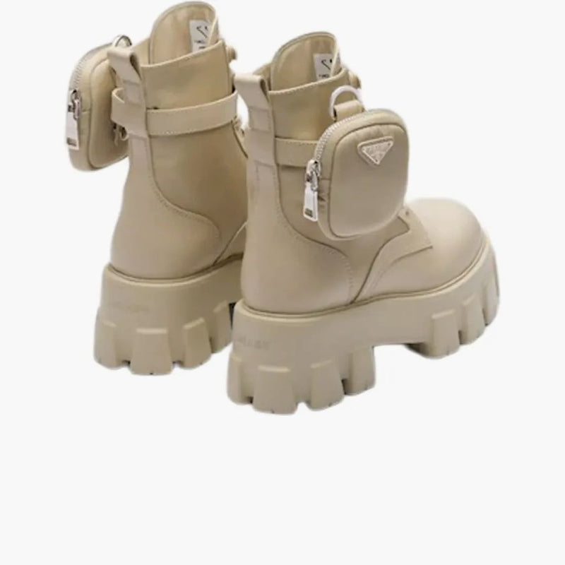 Prada Monolith 55mm Pouch Ankle Boots Desert Beige Leather