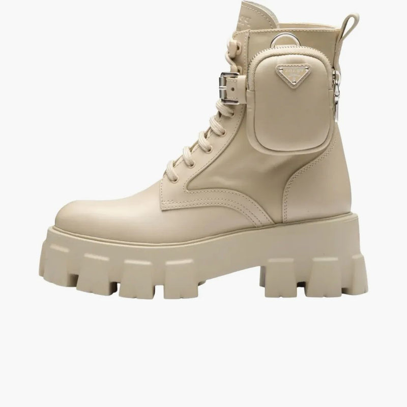 Prada Monolith 55mm Pouch Ankle Boots Desert Beige Leather