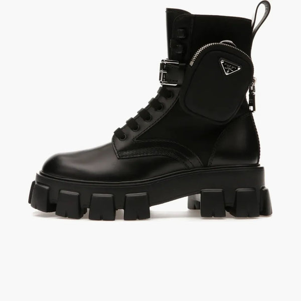Prada Monolith 60mm Pouch Ankle Boots Black Brushed Leather And Nylon
