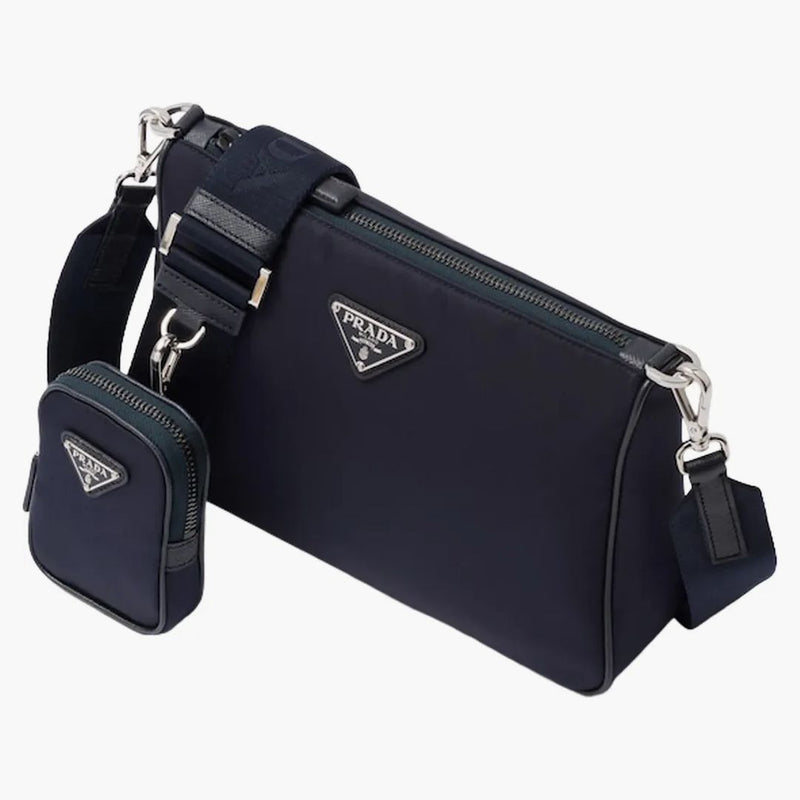 Prada Re-nylon And Saffiano Leather (removable Pouch) Shoulder Bag Navy