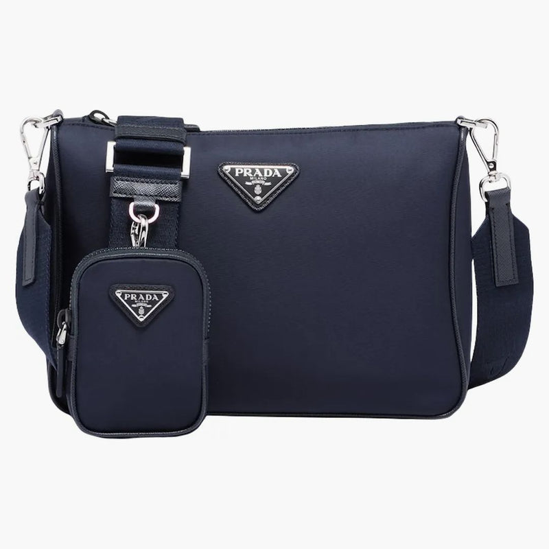 Prada Re-nylon And Saffiano Leather (removable Pouch) Shoulder Bag Navy