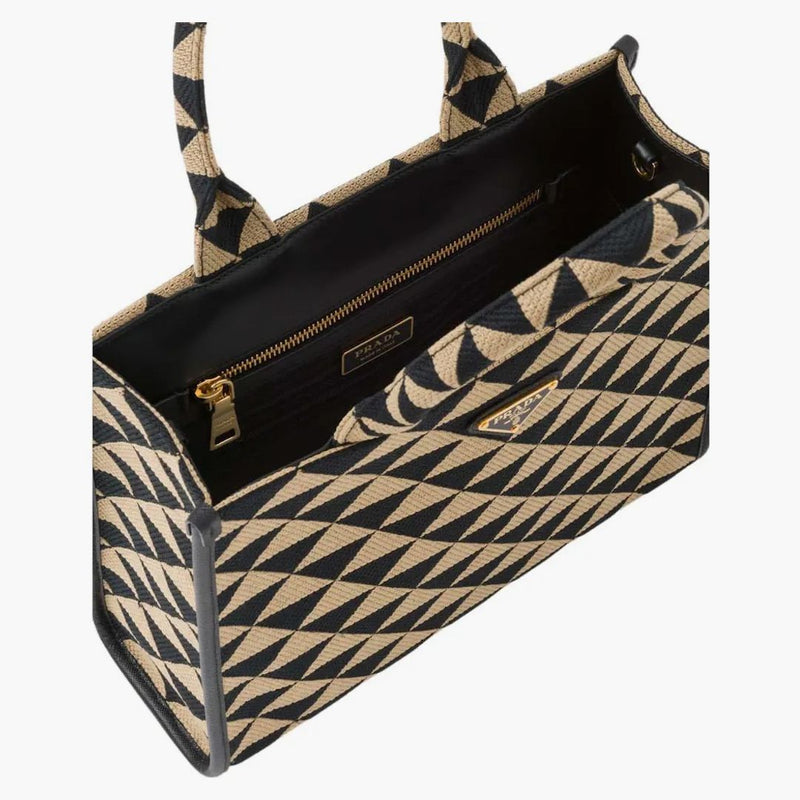 Prada Small Symbole Embroidered Fabric Handbag Black/beige