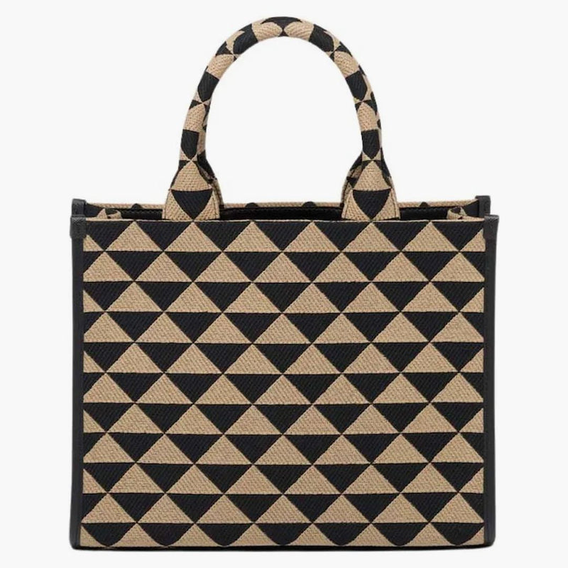 Prada Small Symbole Embroidered Fabric Handbag Black/beige