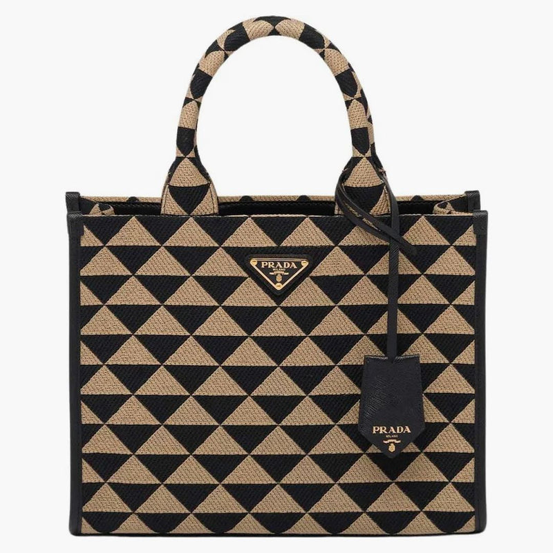Prada Small Symbole Embroidered Fabric Handbag Black/beige