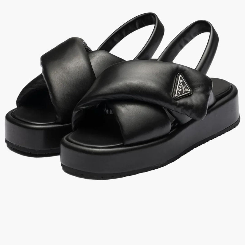 Prada Soft Padded 35mm Wedge Sandals Black Nappa Leather