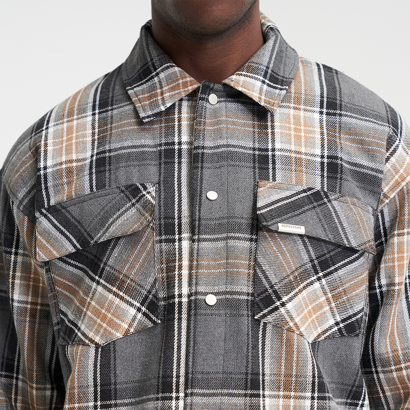 Represent Quilted Flannel Shirt Grey Check Nahaufnahme