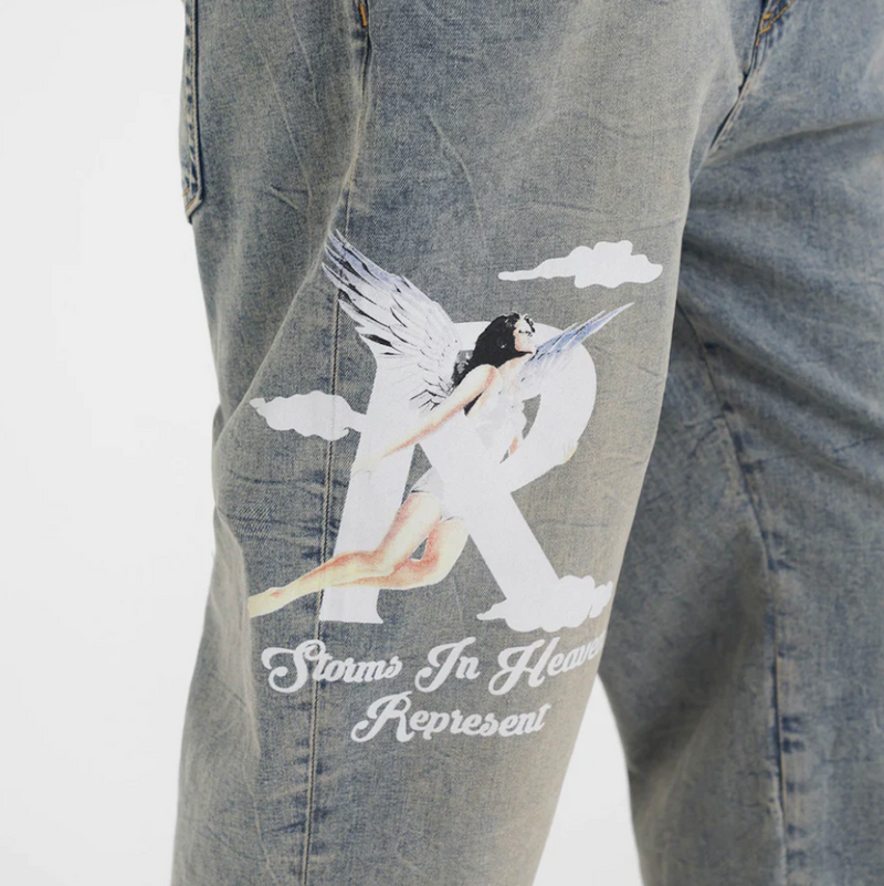 Represent Storms In Heaven Denim Jeans Blue Cream Logo