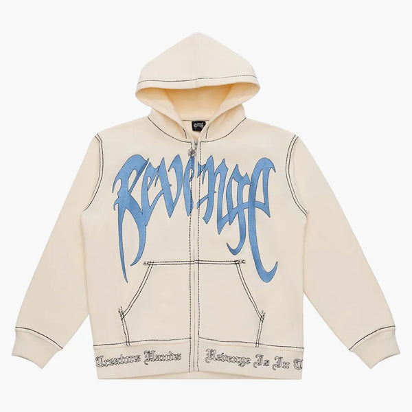 Revenge Contrast Embroidered Zip Hoodie Cream/blue