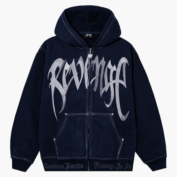 Revenge Contrast Stitch Embroidered Zip Hoodie Navy/silver