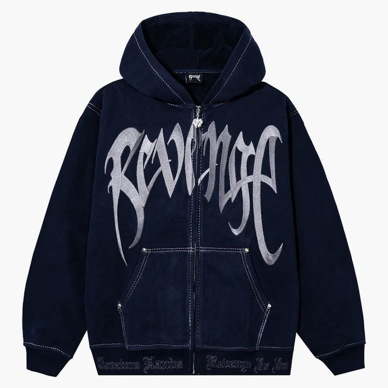 Revenge Contrast Stitch Embroidered Zip Hoodie Navy/silver
