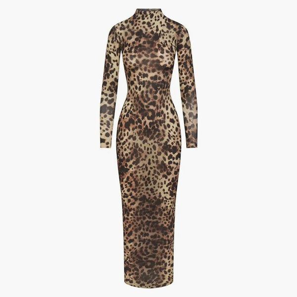 Skims X Dolce&gabbana Milky Sheer Mock Neck Long Dress Leopard
