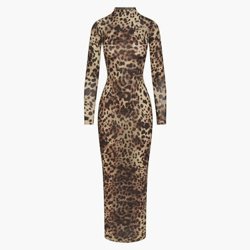 Skims X Dolce&gabbana Milky Sheer Mock Neck Long Dress Leopard