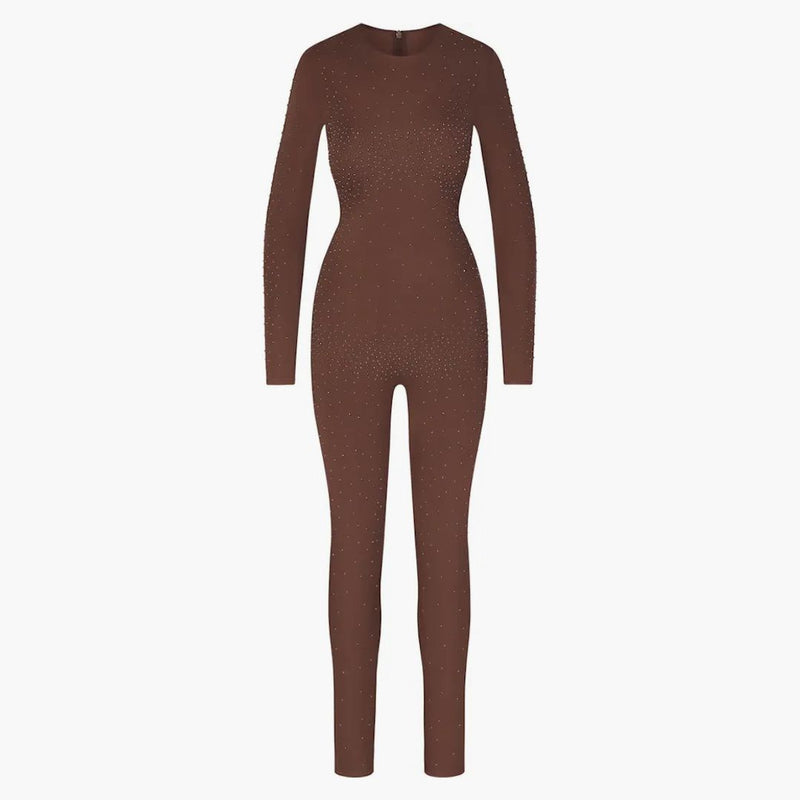 Skims X Swarovski Jelly Sheer Long Sleeve Catsuit Cocoa