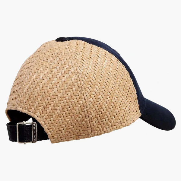 Saint Laurent Canvas And Raffia Baseball Cap Navy Blue/taupe